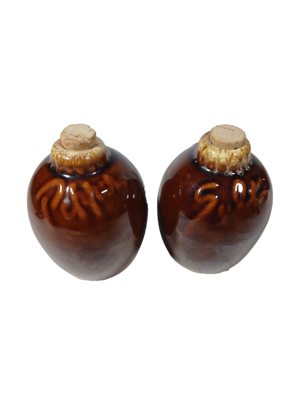 Vtg Hull 2 pc SALT & PEPPER Shaker SET brown DRIP glaze oven proof pottery USA